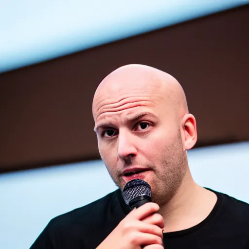 Prompt: photograph of bald man holding a microphone while giving a talk at a large conference