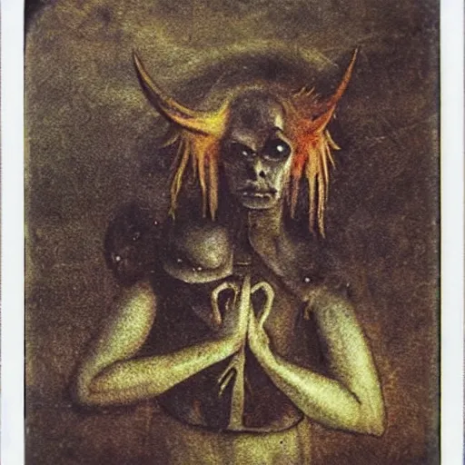 Prompt: demon dancing grungy polaroid by hieronymus bosch and john blanche