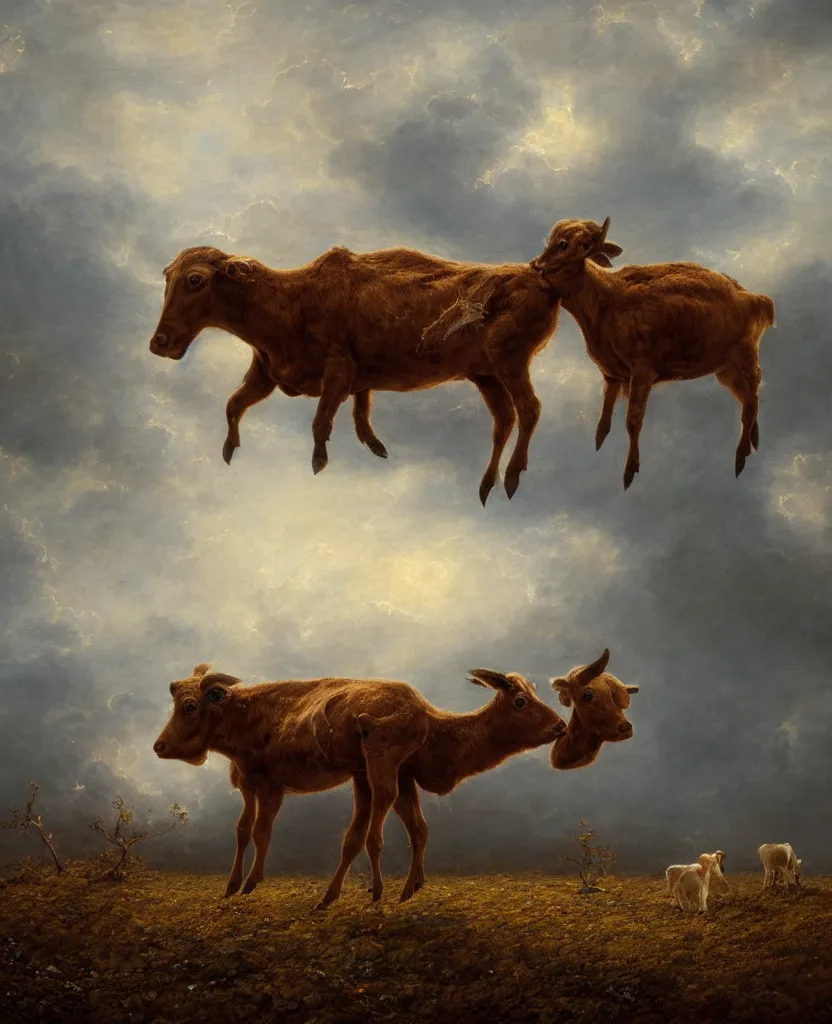 Prompt: a two headed brown calf ( alone ) in a pasture, windy, stoic, modern, cgsociety, hyperdetailed, dramatic, stars, epic painting, shooting stars, painted by jean honore fragonard and greg rutkowski, full body, octane render, sharpness, 8 k, golden ratio