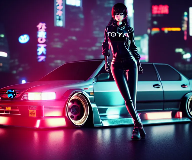 Image similar to toyota jzx 1 0 0 drift with cyberpunk girl standing, detailed - wheels, shibuya prefecture, cinematic lighting, photorealistic, night photography, octane render