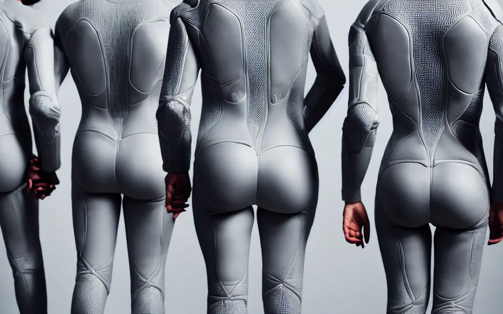 Image similar to love, diverse grey cybersuits, from behind, wide wide angle, vivid, elaborate, highly detailed, beautiful lighting