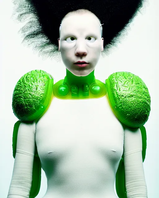 Prompt: portrait of a woman wearing a white embroidered translucent silicone mask and white green frizzy hair buns, wearing a black bodysuit by alexander mcqueen, cream white background, soft diffused light, biotechnology, humanoide robot, bjork aesthetic, translucent, by rineke dijkstra, intricate details, highly detailed, masterpiece,