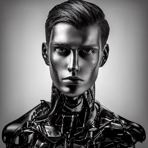 Image similar to “a realistic detailed photo of a guy who is an attractive humanoid who is half robot and half humanoid, who is a male android, twitch streamer and youtuber Ludwig Ahgren, shiny skin, posing like a statue, blank stare”