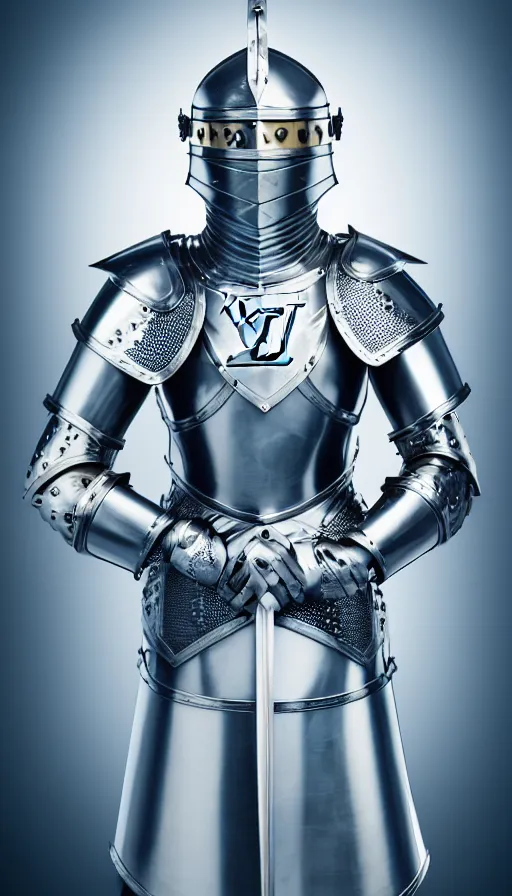 Image similar to female knight, no helmet, blue eyes, armor created by louis vuitton, lv logos all over the metal, symmetrical, cinematic, elegant, professional studio light, real dlsr photography, sharp focus, 4 k, ultra hd, sense of awe