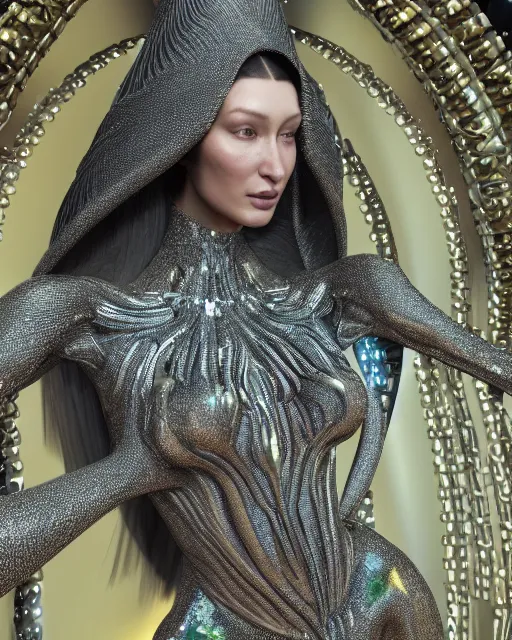 Image similar to a highly detailed metahuman 4 k close up render of an alien goddess bella hadid as alien in iris van herpen dress schiaparelli in diamonds crystals swarovski and jewelry in style of alphonse mucha gustav klimt trending on artstation made in unreal engine 4