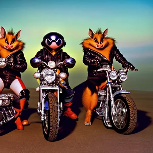 Image similar to uhd photorealisitc candid photo of the biker mice from mars. hyperdetailed, accurate, studio lighting. photo by annie leibowitz and steve mccurry