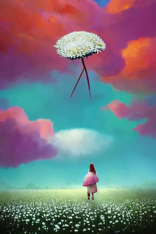 Image similar to giant white daisy flower head, girl with veil walking in a flower field, surreal photography, sunrise, dramatic light, impressionist painting, colorful clouds, digital painting, artstation, simon stalenhag