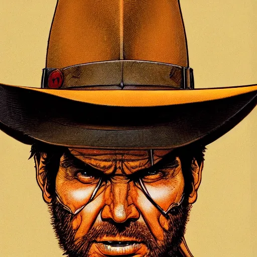 Image similar to portrait closeup of crazy indiana jones, symmetrical, by yoichi hatakenaka, masamune shirow, josan gonzales and dan mumford, ayami kojima, takato yamamoto, barclay shaw, karol bak, yukito kishiro