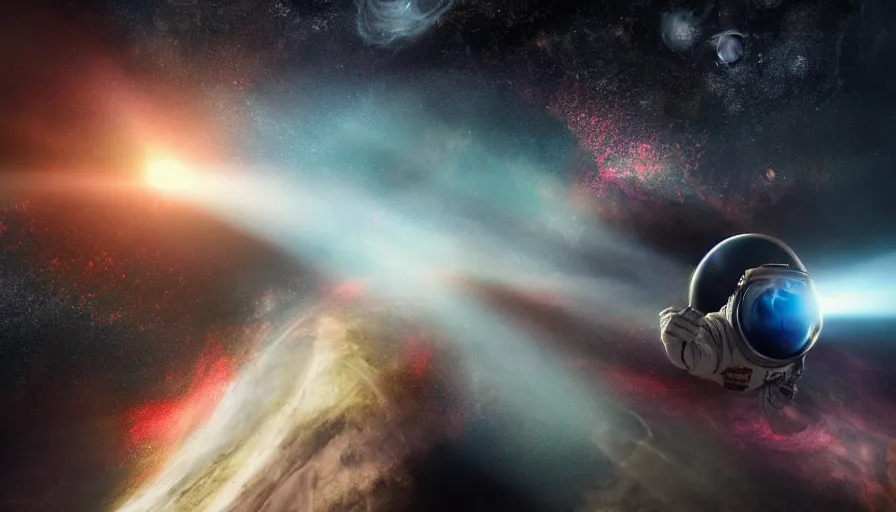 Image similar to pov of astronaut, flying into black hole, concept art, rendering, photorealism, volumetric lighting, movie still