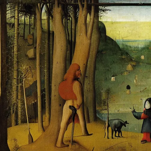 Image similar to standing bear in the foreground, forest in the background, hieronymus bosch