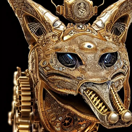 Image similar to A steampunk fox head with sparkling eyes made from ornate engraved full plate armor and Rolex gears and jewels and gems, macro shot by Justin Gerard, unreal engine, detailed, intricate, physically based rendering