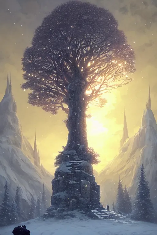 Image similar to giant tree in snow with a castle, unreal engine, fantasy art by greg rutkowski, loish, rhads, ferdinand knab, makoto shinkai and lois van baarle, ilya kuvshinov, rossdraws, tom bagshaw, global illumination, radiant light, detailed and intricate environment