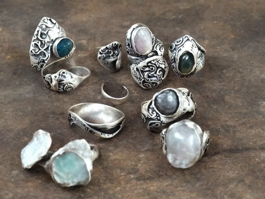 Image similar to rustic hand made rings hand crafted from silver and natural gemstones