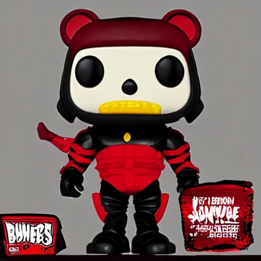 Prompt: Bumble Bee Funko Pop in crimson-black color scheme