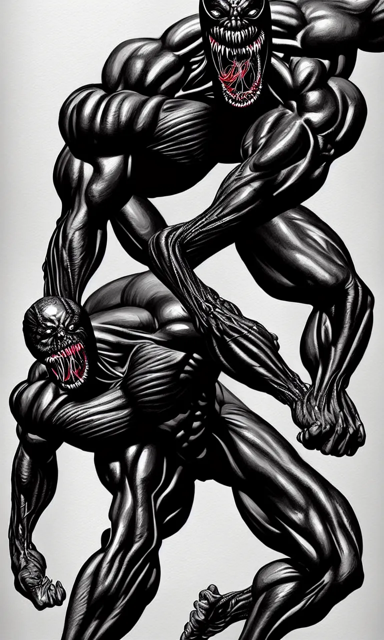 Image similar to legs and feets study of hyper realist full body long shot portrait of bodybuilder venom from marvel comics!!!!, large mouth with teeth, large tongue, lovecraftian horror!!, fantasy, intricate, elegant, highly detailed, digital painting, artstation, concept art, matte, sharp focus, illustration, art by glenn fabry and giger