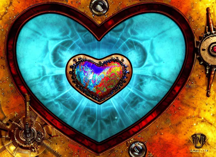 Prompt: steampunk centered symmetrical shyny pearlescent heart, shiny with multicolored gems, glass, ice. by casey baugh, by rembrandt, mandelbulb 3 d, turquoise rust, stained glass