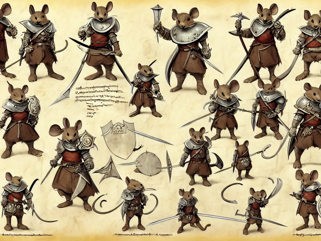 Image similar to character design sheet for a heroic mouse knight with sword and shield on a parchment background, redwall, greg rutowski and jean baptiste monge, very very detailed, epic fantasy concept art