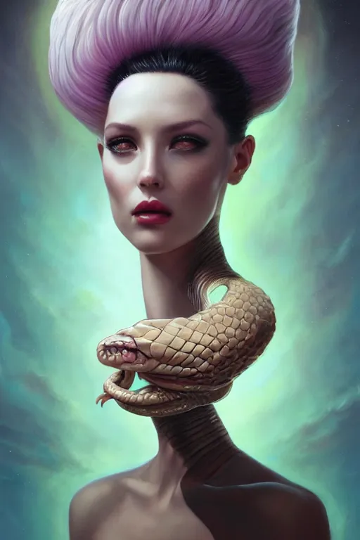 Image similar to portrait of an elegant alien queen with snake hair, straight on portrait, by artgerm, tom bagshaw, gerald brom, vaporwave colors, lo fi colors, vaporwave, lo fi, 2 point studio lighting, dramatic lighting, 4 k, hd,