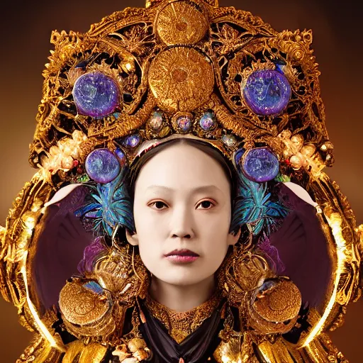 Image similar to a beautiful empress portrait, with a brilliant, impossible striking big cosmic galaxy headpiece, clothes entirely made out of cosmos chaos energy, symmetrical, dramatic studio lighting, rococo, baroque, jewels, asian, hyperrealism, closeup, D&D, fantasy, intricate, elegant, highly detailed, digital painting, artstation, octane render, 8k, concept art, matte, sharp focus, illustration, art by Artgerm and Greg Rutkowski and Alphonse Mucha