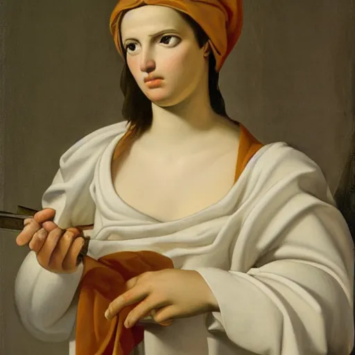 Prompt: a very detailed oil painting of sainte claire, half body, by guido reni