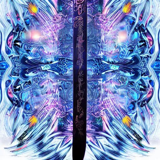 Image similar to magical katana with blue flames running up and down the blade, digital art, intricate design, vivid