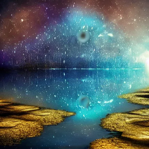 Prompt: lake made of the eternal that is reflecting the cosmos at night with countless stars, superior quality, intricate quality, viscous liquid, surreal, highly detailed, real camera, real photo, award winning quality, 8 k, art by artstation