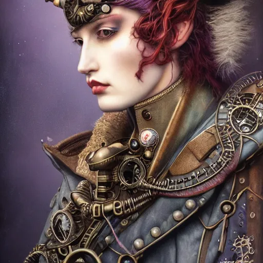 Prompt: rudolf freund dan mumford tom bagshaw, dream world curiosities carnival, photorealistic soft paint of a single very beautiful aristocrat full long steampunk armored, ultra deep fog, purple auburn hair, partial symmetry accurate features, focus, very intricate ultrafine details, award winning masterpiece, steampunk world