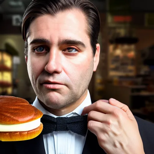 Prompt: Close up portrait of a clean-shaven chubby man with long hair wearing a brown suit and necktie with a bakery in the background. Photorealistic. Award winning. Dramatic lighting. Intricate details. UHD 8K. He looks guilty.