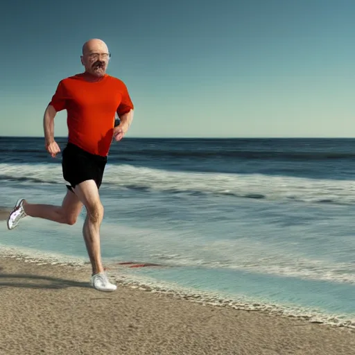 Image similar to Walter White running on the beach, artistic, 8k, cinematic