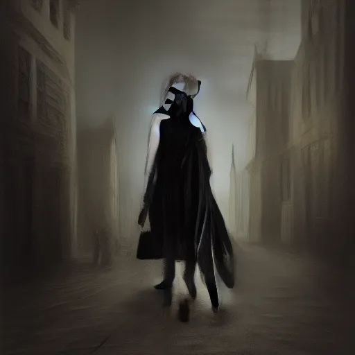 Image similar to a plague doctor walks through a Victorian city, dark atmosphere, detailed, dark Colors