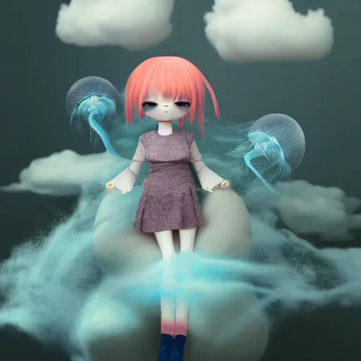 Image similar to cute fumo plush of a girl made out of steam, clouds, floating jellyfish girl, vray refractive optics simulation, gi