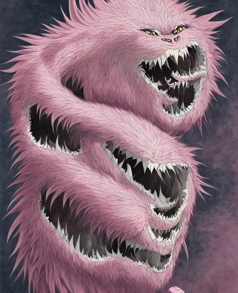 Image similar to beautiful painting from the anime film by studio ghibli, pink anthropomorphic werewolf human hybrid, drooling teeth bared, fur, trending on artstation, by raqib shaw and MC Escher