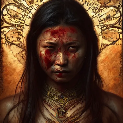 Image similar to portrait painting of a muscular bloodied dark nepali female butcher, ultra realistic, concept art, intricate details, eerie, highly detailed, photorealistic, octane render, 8 k, unreal engine. art by artgerm and greg rutkowski and alphonse mucha