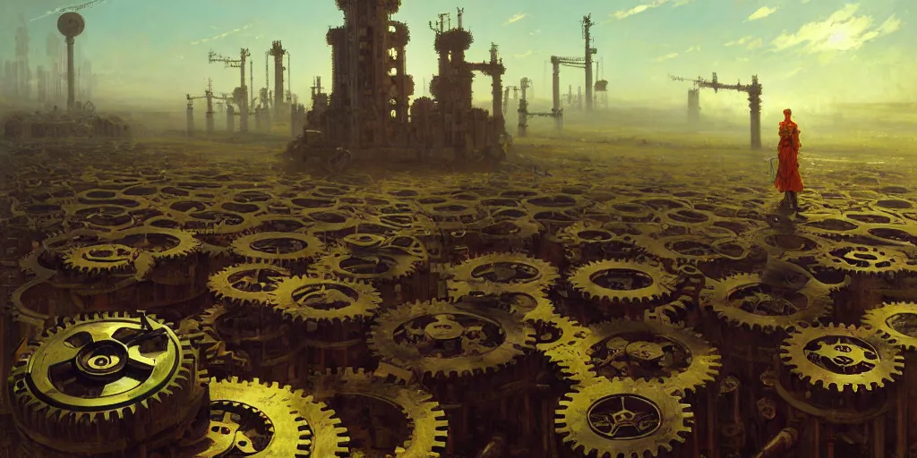 Prompt: giant interlocked gears cogs floating in the sky no people clockwork, giant mechanisms, industry, villages castles, buildings vista artstation illustration sharp focus sunlit vista painted by ruan jia raymond swanland lawrence alma tadema zdzislaw beksinski norman rockwell tom lovell alex malveda greg staples