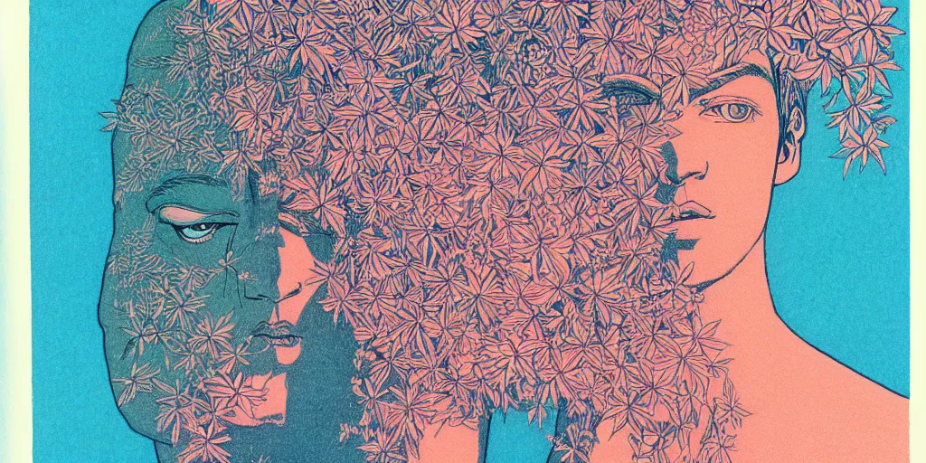 Prompt: risograph grainy drawing protagonist face, pastel colors, with huge piersing, face covered with plants and flowers, by moebius and satisho kon and dirk dzimirsky close - up portrait, perfect blue, paprika