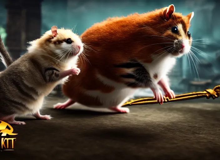 Image similar to hamster fights a cat in mortal kombat on the background of a laughing shao khan. fantasy magic style. highly detailed 8 k. intricate. lifelike. soft light. sony a 7 r iv 5 5 mm. unreal engine with nanite and path tracing