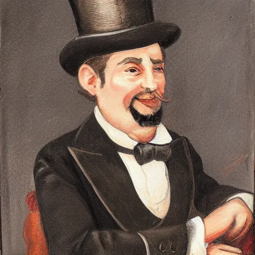 Prompt: detailed portrait painting of a gentleman Dwarf wearing brown tuxedo and top hat