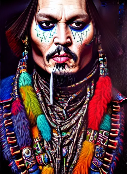 Image similar to portrait of johnny depp, hyper detailed ultra sharp aztec shaman warrior. trending on artstation, warpaint aesthetic, bloodwave, colorful, psychedelic, ornate, intricate, digital painting, concept art, smooth, sharp focus, illustration, art by artgerm and greg rutkowski and h. r. giger, 8 k