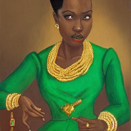 Prompt: An ethnically african duchess with an updo wearing an emerald dress and gold jewelry, fantasy character portrait