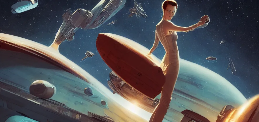 Image similar to Eva Green as a stunning , beautiful retro SCI-FI space heroine 1985 , star ship taking off in the background on the left side , movie poster, intricate, elegant, highly detailed, centered, digital painting, trending on artstation, concept art, smooth, sharp focus, illustration, art by raphael lacoste ,eddie mendoza ,alex ross, WLOP