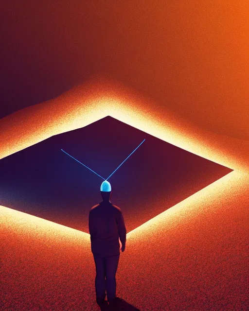 Image similar to a man standing in the middle of a mountain with a glowy triangle, a render by filip hodas, behance contest winner, environmental art, rendered in cinema 4 d, volumetric lighting