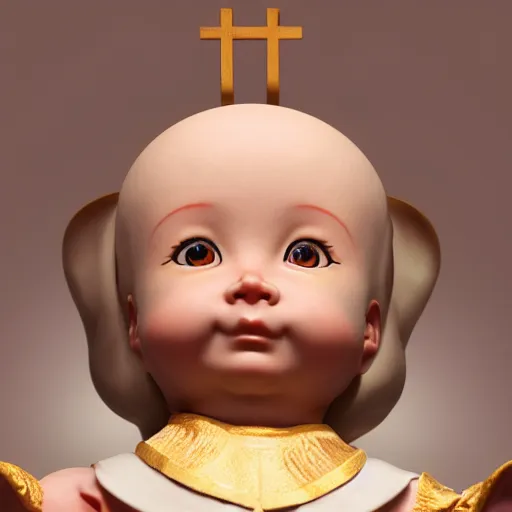 Image similar to holy catholic kewpie saint, trending on art station, 4k UHD, 8k, painting illustration, realistic volumetric lighting, rendered in unreal engine, high detail, photorealistic