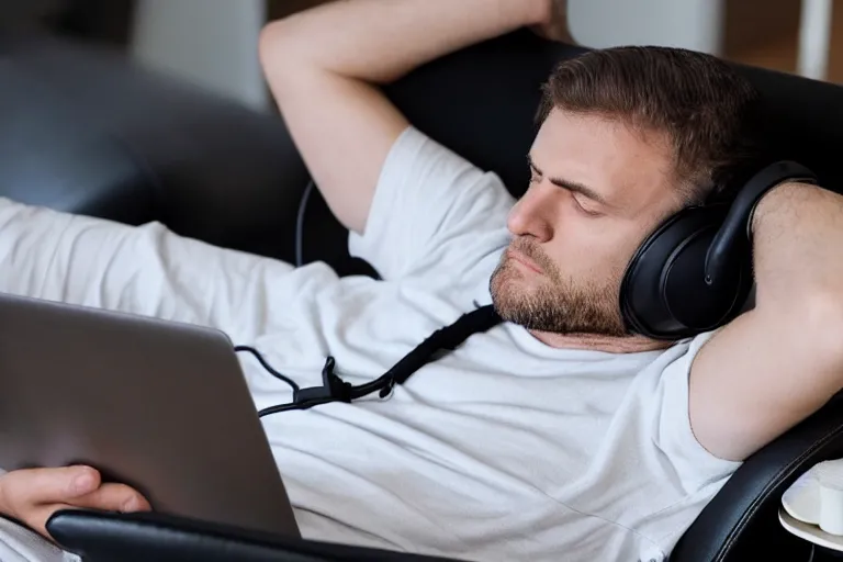 Prompt: a caucasian man who is deep in thought is wearing a white t - shirt and he is wearing black sweat pants and he is wearing headphones and he has a laptop computer sitting on his lap and he is sitting in a brown leather chair and the chair is in the reclining position and the man's legs are resting on the recliner of the chair