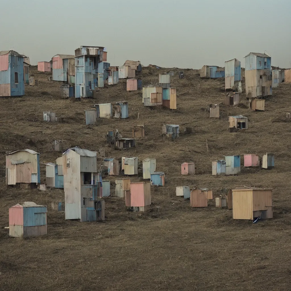 Image similar to towers made up of makeshift squatter shacks with pastel colours, plain uniform sky at the back, misty, mamiya rb 6 7, ultra sharp, very detailed, photographed by alejandro jodorowsky