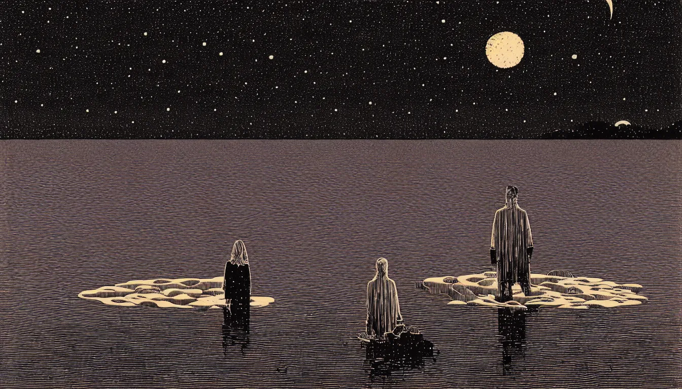 Image similar to standing in a lake looking at reflection of the night sky by woodblock print, nicolas delort, moebius, victo ngai, josan gonzalez, kilian eng