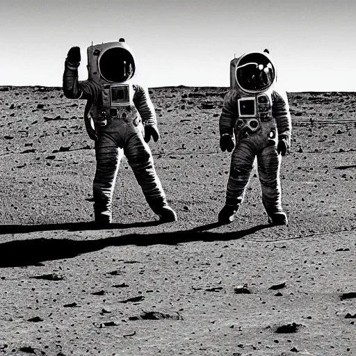 Prompt: Apollo crew landing on Mars, historical photo, black and White, detailed, High quality