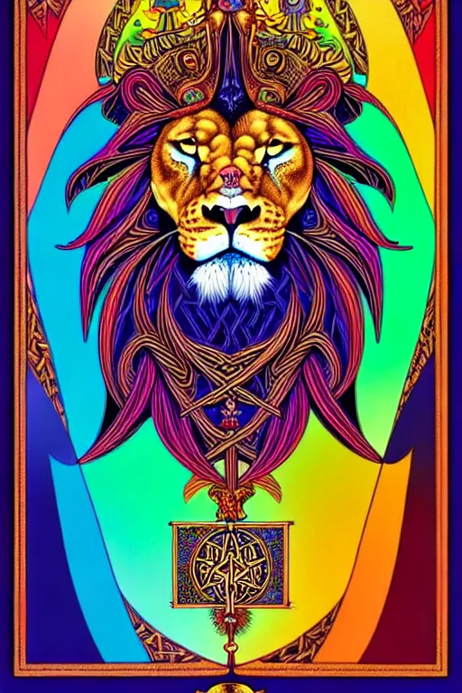 Image similar to beautiful and colorful fractal tarot card featuring an ornate, realistic, and regal viking lion by Dan Mumford, by Jim Fitzpatrick, by joe wilson, featured on deviant art, trending on artstation