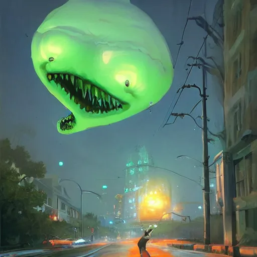 Image similar to the blob, a being of green ghostly ooze making its way through abandoned midnight streets, ray swanland, rhads,