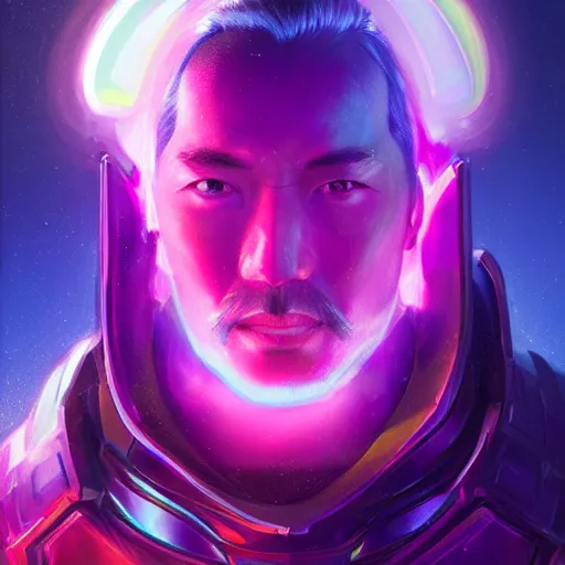 Prompt: a stylized portrait of a kang the conqueror, stylized, arcane magic, blue and purple vapor, neon color, vivid color, lens flare, volumetric light from below, background by justin gerard, hyperdetailed concept art by Ross Tran and Greg Rutkowski, trending on ArtStationHQ, 8k