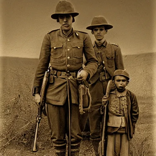 Image similar to a detailed photorealistic sepia - toned photo of a 1 9 1 7 clean - shaven british lieutenant and soldiers standing with a bedouin trader and a young arab boy, ultra realistic, painted, intricate details, lovecraft, atmospheric, dark, horror, brooding, highly detailed, by clyde caldwell